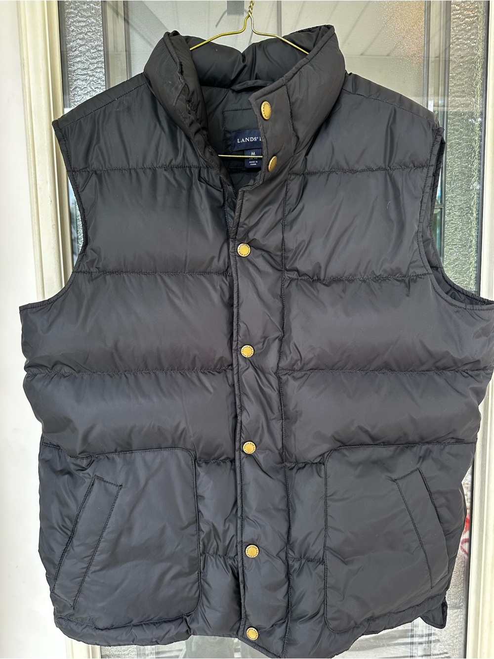 Lands' End Men's Black Quilted Puffer Vest with Gold Snaps
